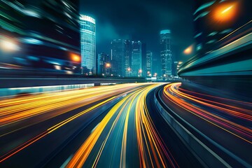 Fototapeta na wymiar Urban highway with high-speed traffic at night, abstract motion blur effect illustration