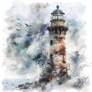 watercolor image capturing the essence of a lighthouse as a guardian, sea storm and the sky's movement, white background