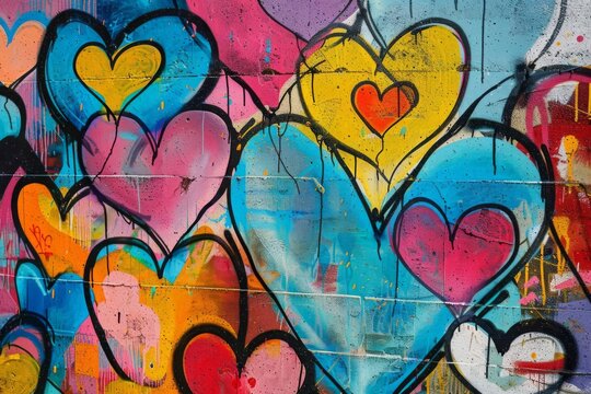 Vibrant graffiti hearts in various colors, symbols of love and affection on urban wall, digital illustration