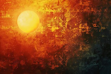 Warm orange sun in night sky, grungy grainy noise texture with color gradient and bright glow, abstract background illustration