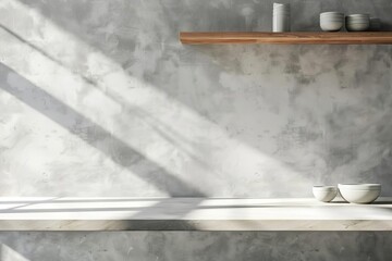 White studio kitchen with light shadows, empty cement texture, and sunlit shelf - Product display background