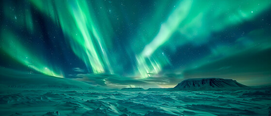 The sky is filled with green auroras and stars