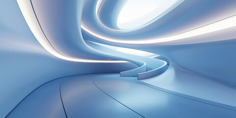 Sleek modern interior with curved lines and blue tones - obrazy, fototapety, plakaty