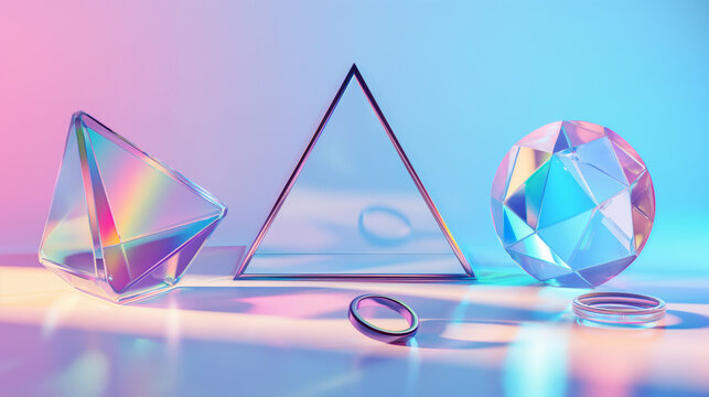Colorful geometric shapes and rings 3d render