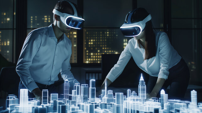 Architects exploring virtual cityscape with ar headsets