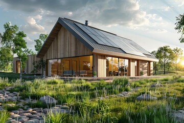 Modern eco-friendly house with solar panels on the roof, sustainable green home generating clean renewable energy, 3D rendering