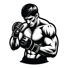 Man mixed martial arts athlete half body design illustration, MMA sport fighter, octagon combat, kicking strike, punching with fist. vector template isolated on white background