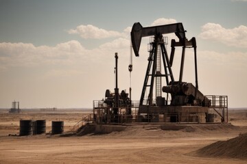 A large oil rig is in the desert with a few barrels of oil