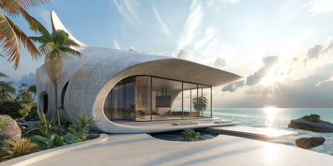 Modern parametric coastal villa at sunset