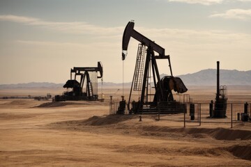 A desert landscape with two oil wells and a third one in the background