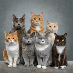 group of cats seated and lined up looking at camera
