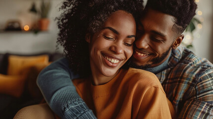 Happy african american couple hugging while sitting on sofa at home. AI. - obrazy, fototapety, plakaty