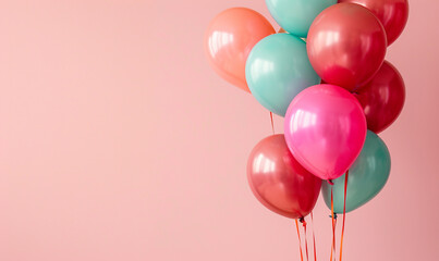 Colorful balloons on pastel pink background. Copy space for text. AI.