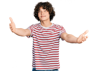 Caucasian teenager wearing casual clothes looking at the camera smiling with open arms for hug. cheerful expression embracing happiness.