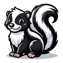 Obraz premium Skunk full body design illustration, wild mammal skunk with a large fluffy tail and black white stripe along the body, fauna animal concept. Vector template isolated on white background