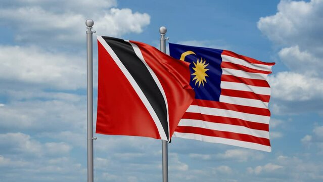 Malaysia and Trinidad and Tobago two flags waving together, looped video, two country cooperation concept