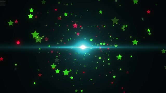 Glitter Stars Floating And Fast Moving On Black Bg. Multi Color Star Shape Particle Moving On Black Bg, Camera Flying Through Particle Glitter Star Shape On Black Background, Abstract Stars Floating