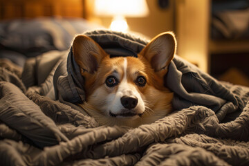 A horrified corgi wrapped itself in a blanket