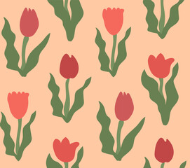 Groovy abstract tulips seamless pattern. Colorful florals on peachy background. Modern naive groovy funky design for prints. Vector illustration.
