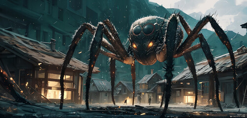 Looking up to a giant spider looming in the village. - obrazy, fototapety, plakaty