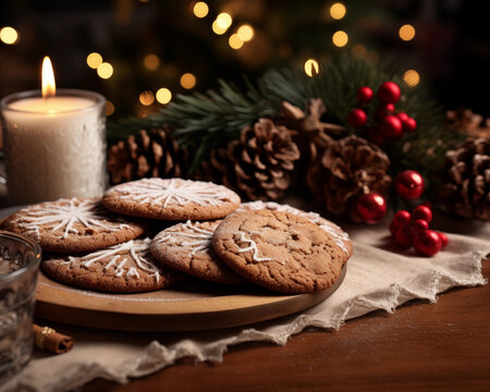 Christmas Tree background. Happy new year backdrop. Celebrating winter holidays card template. Christmas cookies, baking.
