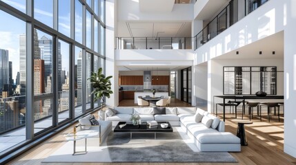 A 3D floor plan of a sleek, modern apartment situated on the top floor of a high-rise building.  - obrazy, fototapety, plakaty