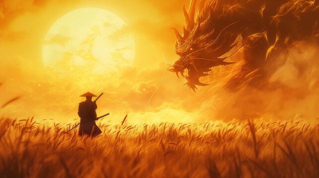An epic confrontation as a lone samurai with a sword stands ready to face a massive dragon, under a large full moon in a mystical, fiery landscape