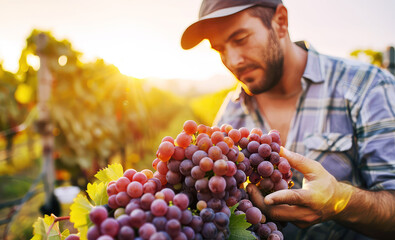 Man picking grapes at a grape plantation under the sun