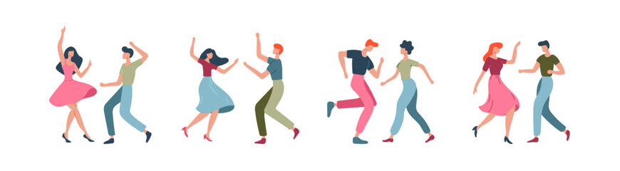 Happy dancing people, male and female dancers isolated on white background. Vector illustration in flat cartoon style.