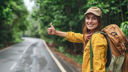 Happy young woman hitchhiking. A woman tries to catch a passing car on a road in the forest - obrazy, fototapety, plakaty