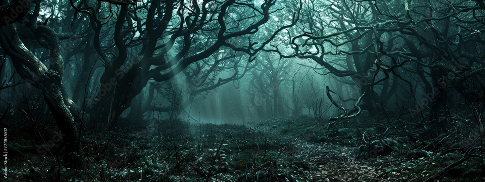 Wall mural a dark forest with trees and a path