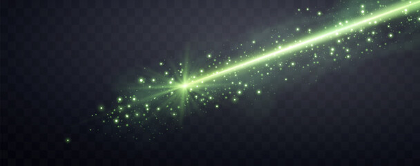 Green horizontal laser beam. Neon line, presentation pointer. Green glow flare light effect. Vector illustration. Isolated on dark transparent background.