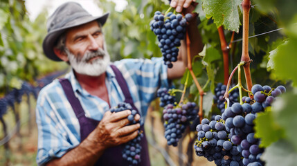 An elderly gray-haired man harvests blue grapes at a grape plantation