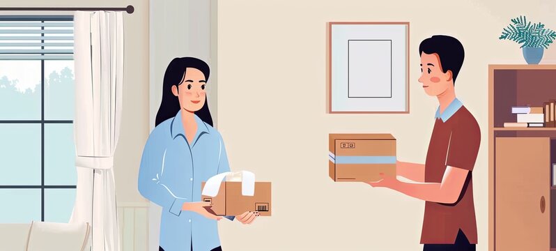 a woman receives a parcel at home from a courier. place for text. generative ai