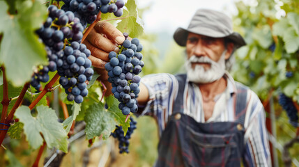 Obraz premium An elderly gray-haired man harvests blue grapes at a grape plantation