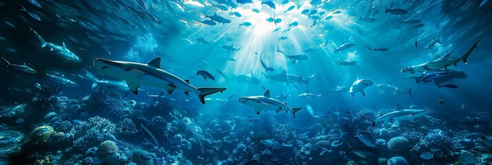 Majestic hammerhead sharks in crystal clear ocean waters  a stunning cinematic low angle photograph - obrazy, fototapety, plakaty