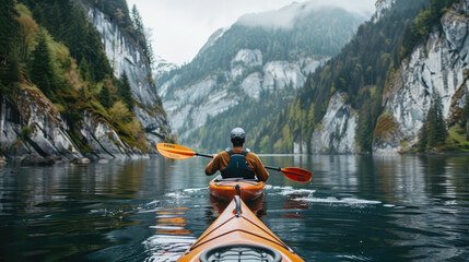 rear view of a man on a kayak floating on a serene mountain lake surrounded by steep cliffs and forest