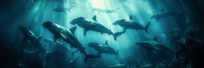 Graceful hammerhead shark school in crystal clear ocean   cinematic low angle photorealistic shot - obrazy, fototapety, plakaty