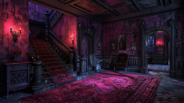 An illustration showing a haunted mansion's interior