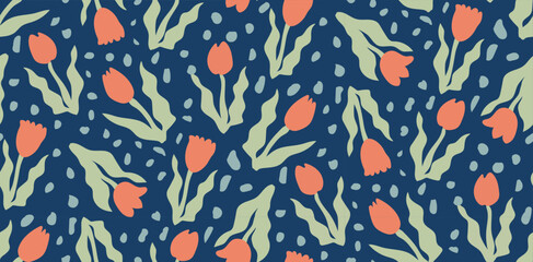 Modern seamless pattern with tulips and leaves on blue background. Aesthetic contemporary groovy florals background for prints.