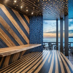 a wooden board pattern with dark blue acoustic panel accents integrated into a chic restaurant interior. The tactile textures and contrasting colors add depth and interest to the space, creating a mem