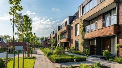 a row of modern terraced houses with shared green spaces and private backyards, focusing on community 