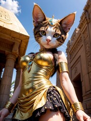 Egypt cat,interesting pose,cute cat face,jeweled garment, low focus, low angle, photo, dow al set, fluffy tail, mystical fluffy cube in the sky background