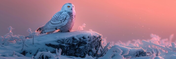 Snowy owl perched on rock in arctic tundra, vibrant pastel colors and detailed textures - obrazy, fototapety, plakaty