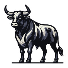 Fototapeta premium Bull full body design mascot illustration, farm animal, strong angry horned bull concept, butcher shop graphic template, vector isolated on white background