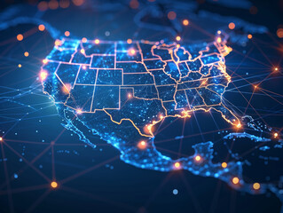 Mappa digitale degli Stati Uniti, concetto di rete globale e connettività del Nord America, trasferimento di dati e tecnologia informatica, scambio di informazioni e telecomunicazioni.  - obrazy, fototapety, plakaty