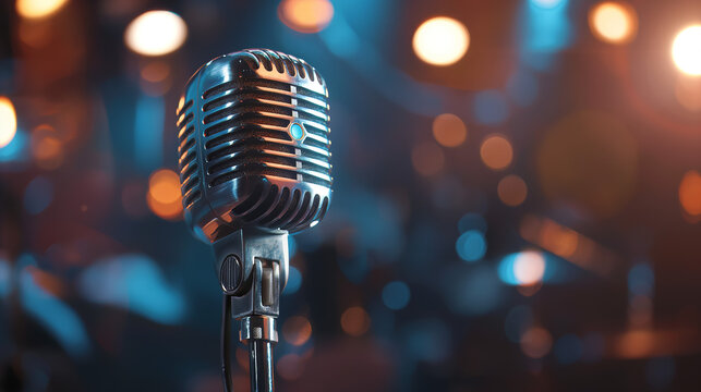 A retro-styled microphone illuminated by captivating blue stage lights, symbolizing the allure of musical performances and storytelling