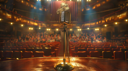 A vintage microphone is highlighted on a wooden stage with plush red curtains and theater seating, evoking a retro performance vibe - obrazy, fototapety, plakaty