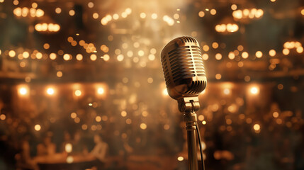 Close-up of a classic microphone with an out-of-focus bokeh background suggesting a grandiose atmosphere of an upscale event or concert