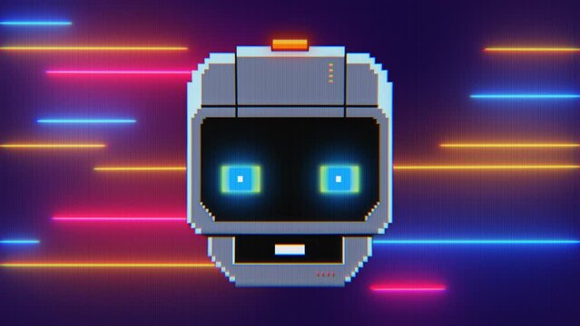 Colorful retro sci-fi game background with fun alien robot in console style virtual space